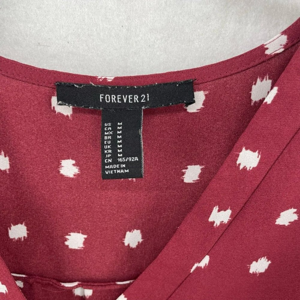 Forever21 Dress Sz M Wine Red Shift White Polka Dot V-Neck Tie Waist Long Sleeve - Picture 10 of 11